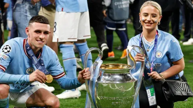 Phil Foden and Rebecca Cooke together at a Manchester City Champions League trophy celebration in Istanbul, 2023